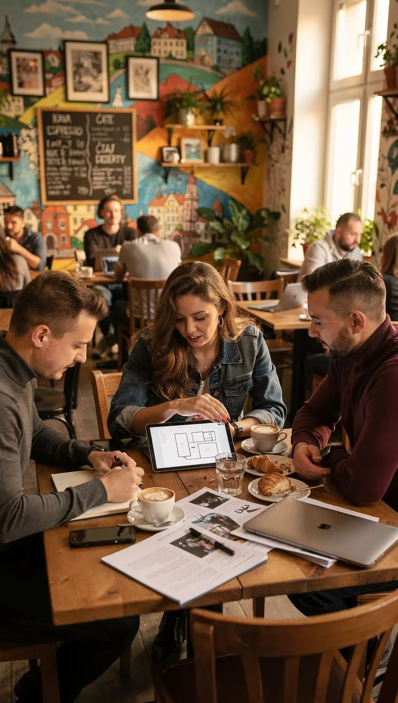 Skupina profesionГЎlЕЇ diskutujГ­cГ­ch o obsahu a marketingovГЅch strategiГ­ch