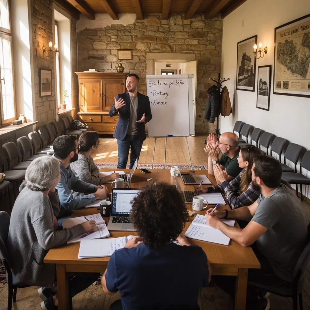 TГЅm copywriterЕЇ pracujГ­cГ­ na ДЌlГЎnku ve stylovГ© kancelГЎЕ™i