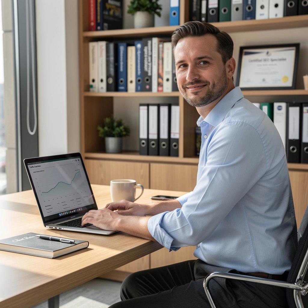 Kreativní tým píšící obsah sedící u stolu s laptopem a poznámkami.